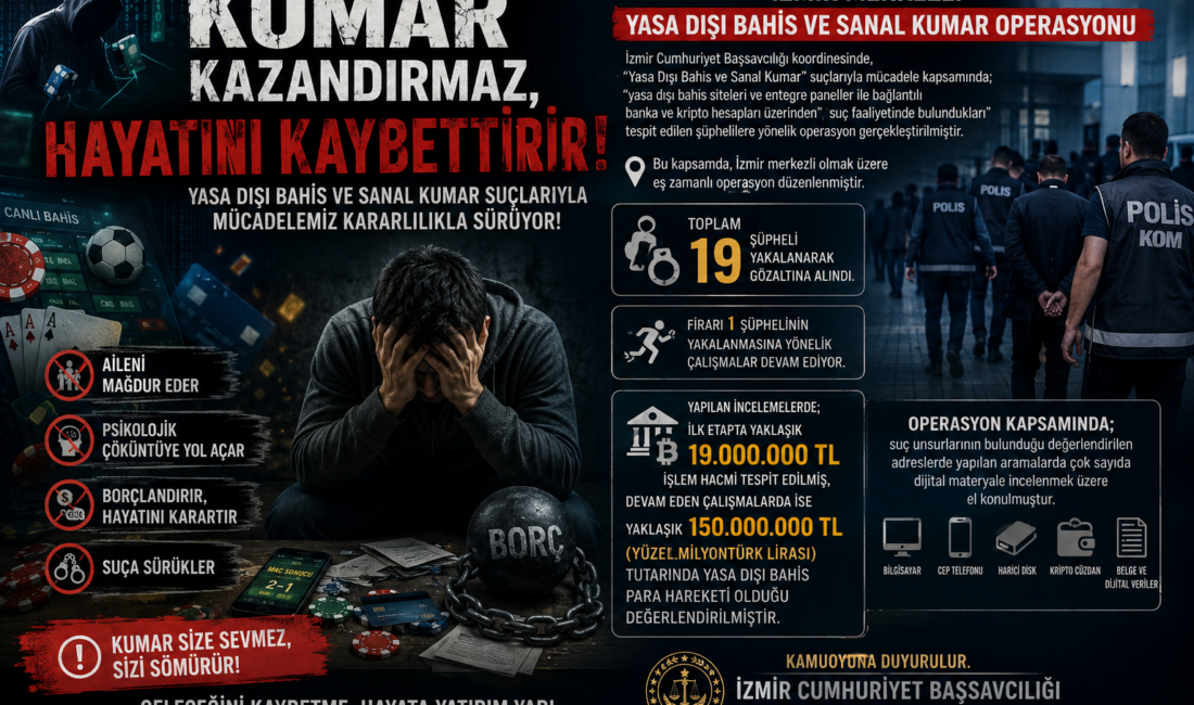 YASA DIŞI BAHİS VE SANAL KUMAR OPERASYONU: 19 GÖZALTI İzmir